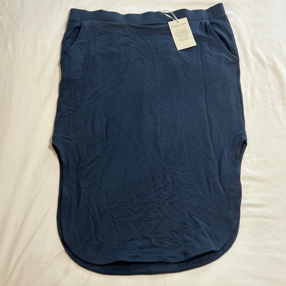 Garnet Hill Navy Blue Tencel Lyocell Midi Skirt Large NWT Pockets Curved Hem